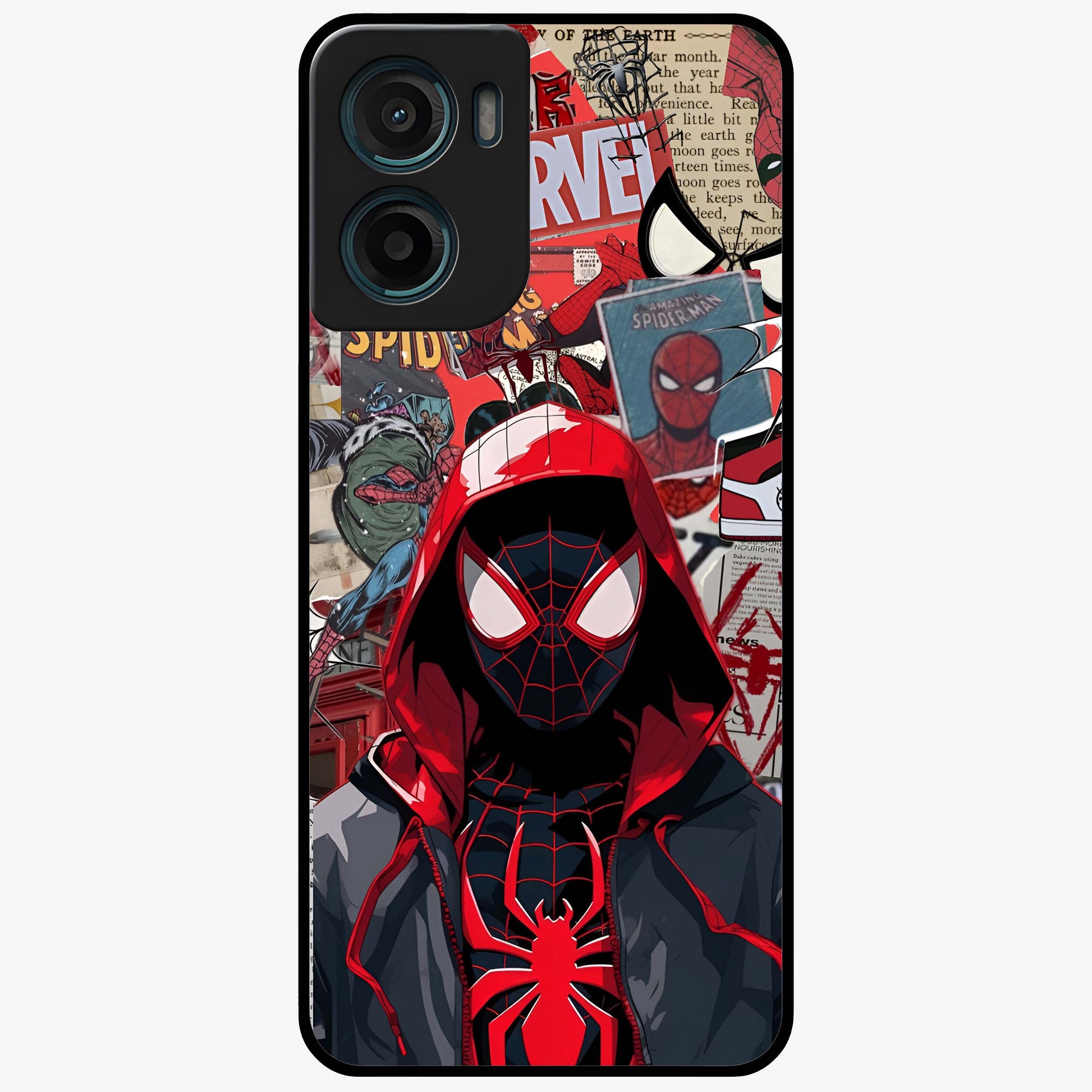 Spider Collage Street Glass Case showing flat back view with vibrant superhero collage artwork and glossy glass finish.