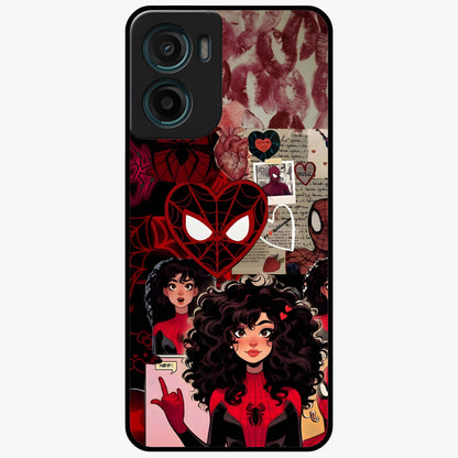 Spider Love Story Glass Case showing flat back view with romantic superhero themed artwork and glossy glass finish.