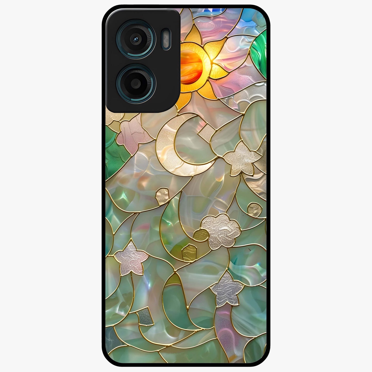 Stained Sunrise Glow Glass Case showing flat back view with glowing sunrise stained pattern artwork and glossy glass finish.