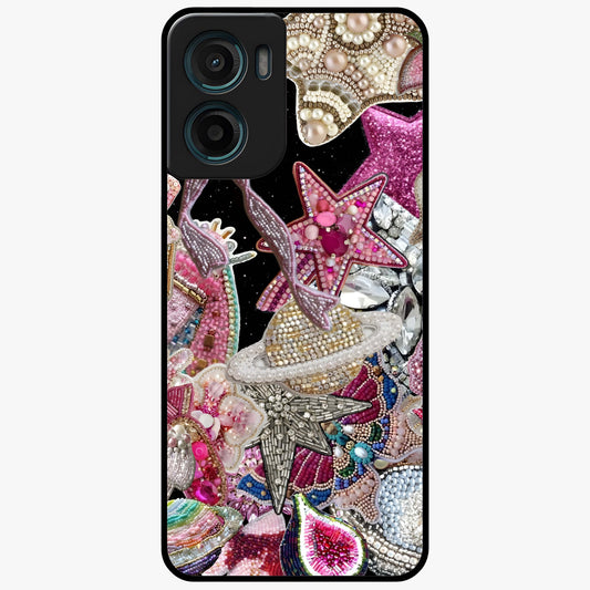 Starlit Jewel Dream Glass Case showing flat back view with sparkling jewel and star themed artwork and glossy glass finish.