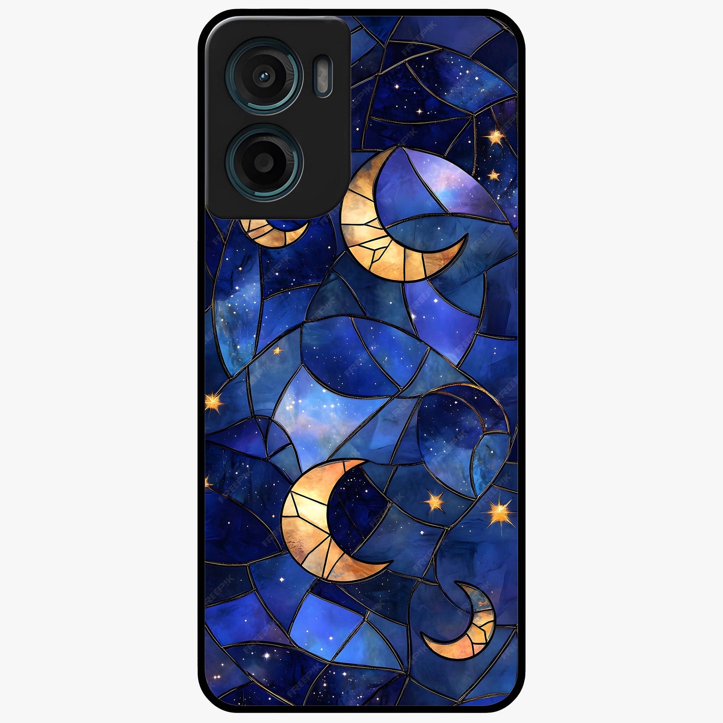 Starlit Sky Tapestry Glass Case showing flat back view with decorative starry sky tapestry artwork and glossy glass finish.