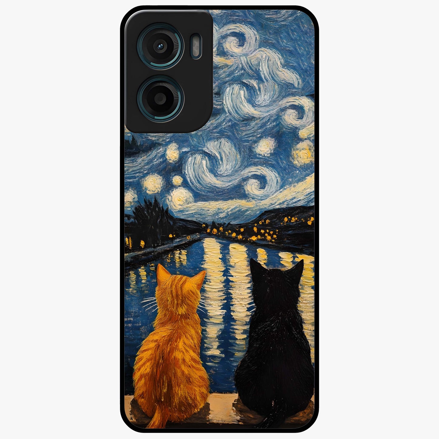 Starry River Cats Glass Case showing flat back view with cats by a starry river artwork and glossy glass finish.