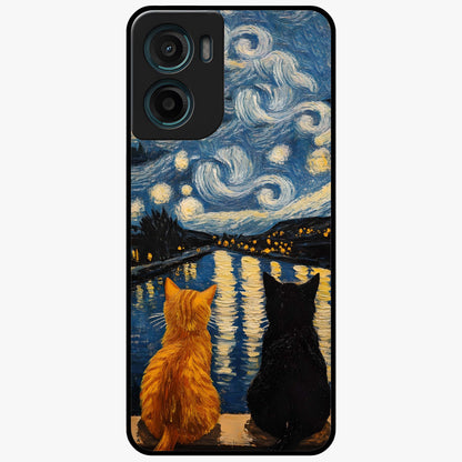 Starry River Cats Glass Case showing flat back view with cats by a starry river artwork and glossy glass finish.