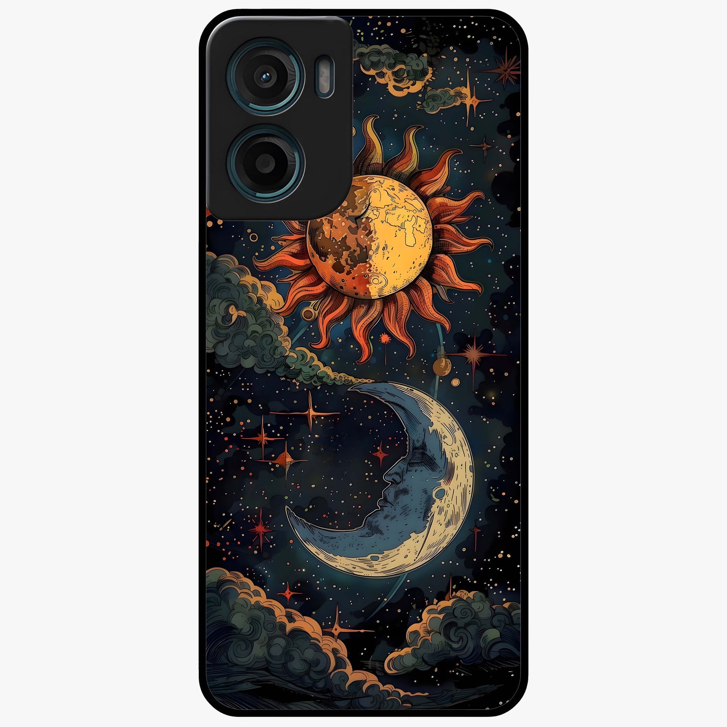 Sun And Moon Magic Design Glass Case showing flat back view with mystical sun and moon artwork and glossy glass finish.