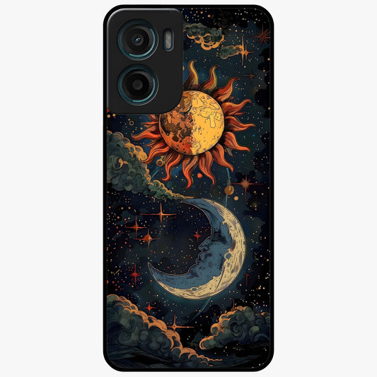 Sun And Moon Magic Design Glass Case showing flat back view with mystical sun and moon artwork and glossy glass finish.