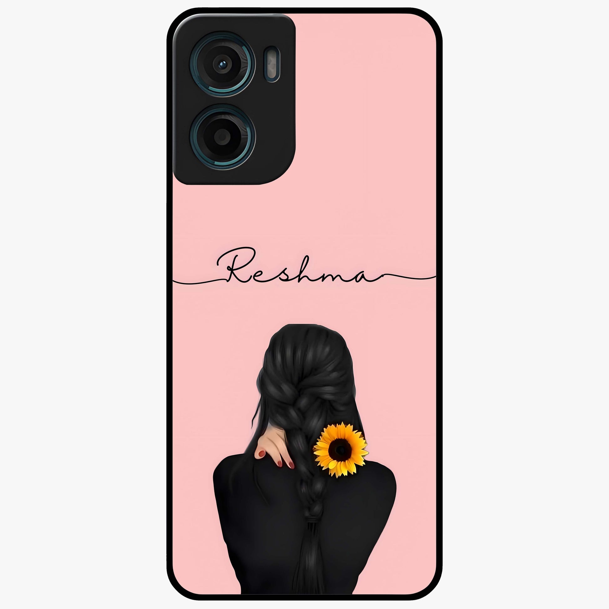 Sunflower Braid Beauty With Custom Name Glass Case showing flat back view with sunflower braid artwork and personalized name design.