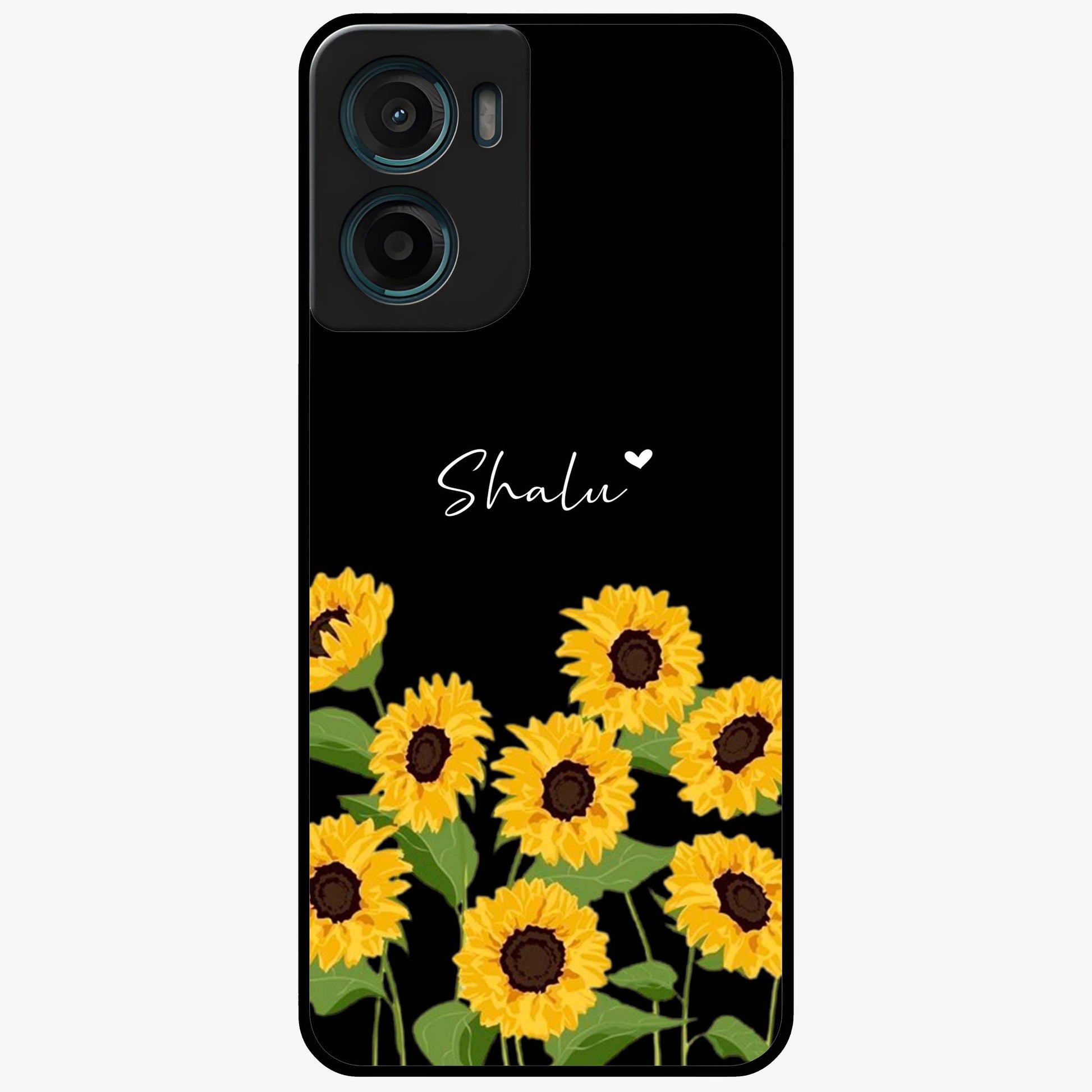 Sunflower Chic Mood Custom Name Glass Case showing flat back view with stylish sunflower artwork and personalized name design.