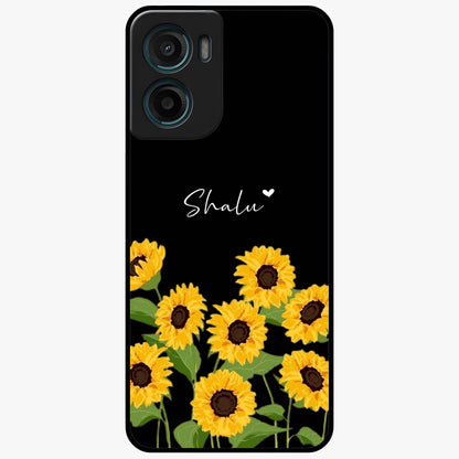 Sunflower Chic Mood Custom Name Glass Case showing flat back view with stylish sunflower artwork and personalized name design.