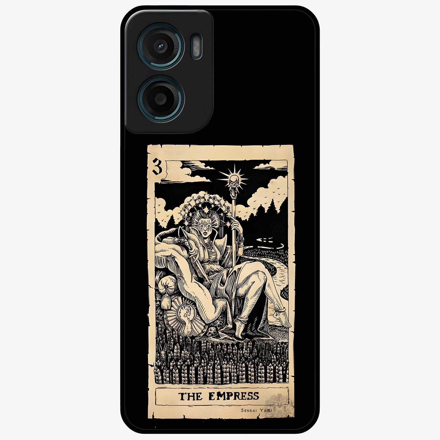 The Empress Glass Case showing flat back view with regal feminine artwork and glossy glass finish.