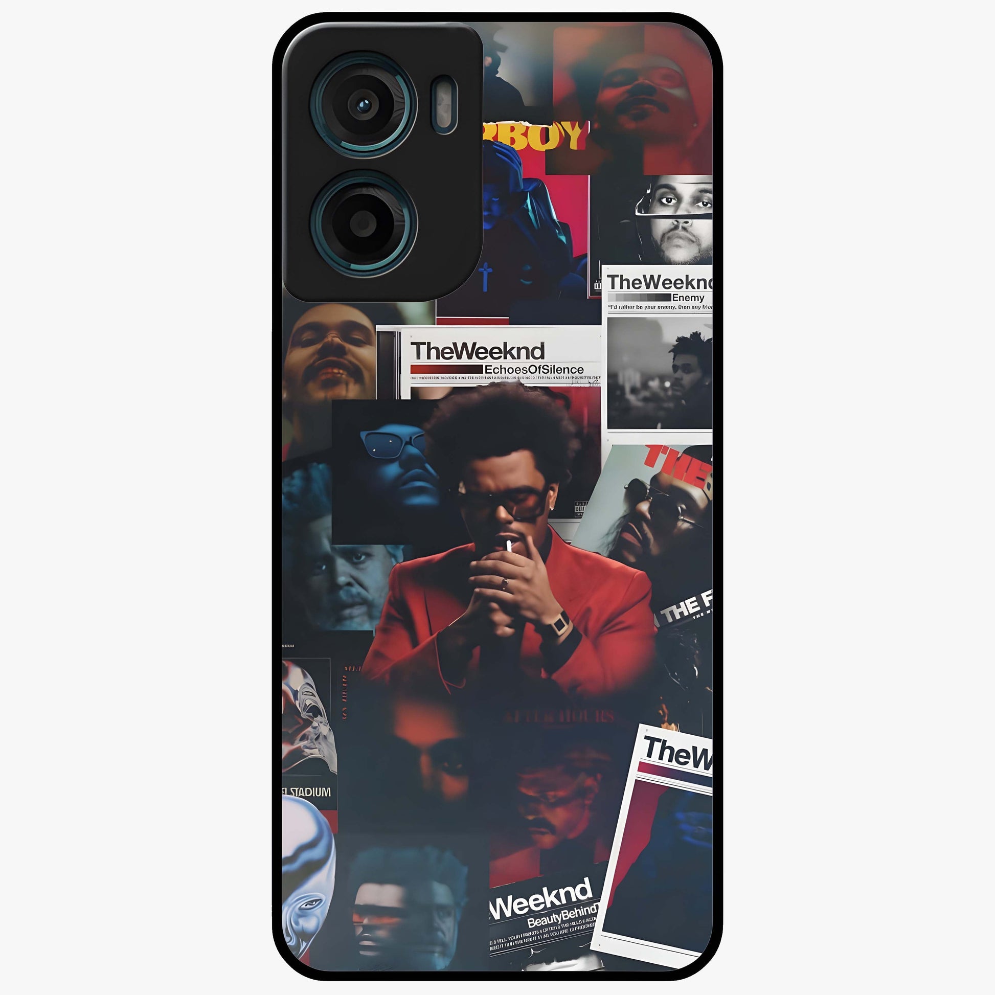 The Weeknd Glass Case showing flat back view with music inspired artistic portrait artwork and glossy glass finish.