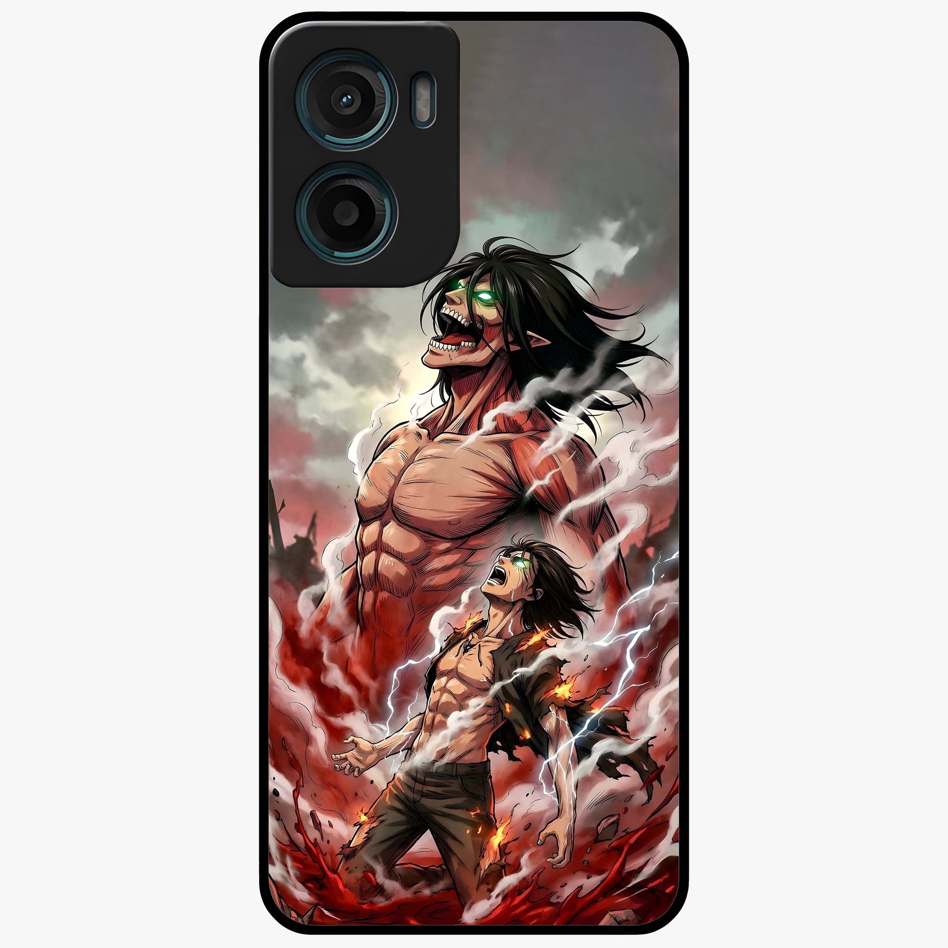 Titan Awakening Fury Glass Case showing flat back view with powerful titan inspired artwork and glossy glass finish.