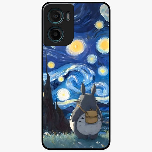 Totoro In Van Gogh Art Glass Case showing flat back view with whimsical character artwork inspired by Van Gogh style and glossy glass finish.