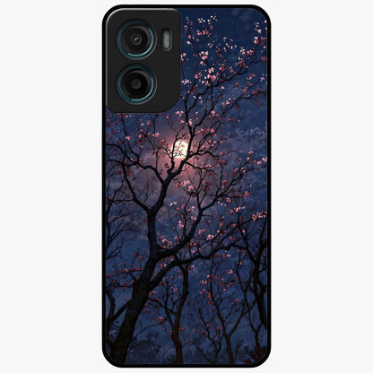 Twilight Sakura Serenade Glass Case showing flat back view with cherry blossom artwork at twilight and glossy glass finish.
