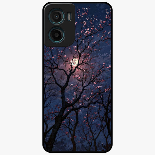 Twilight Sakura Serenade Glass Case showing flat back view with cherry blossom artwork at twilight and glossy glass finish.