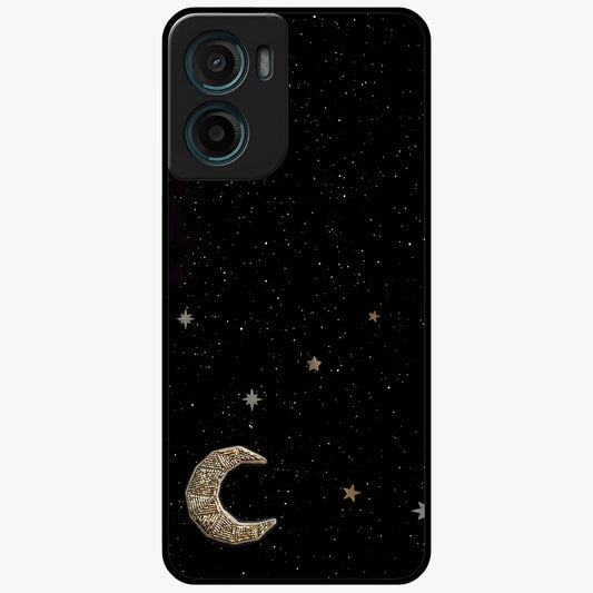Twinkle Star With Half Moon Glass Case showing flat back view with star and half moon artwork and glossy glass finish.