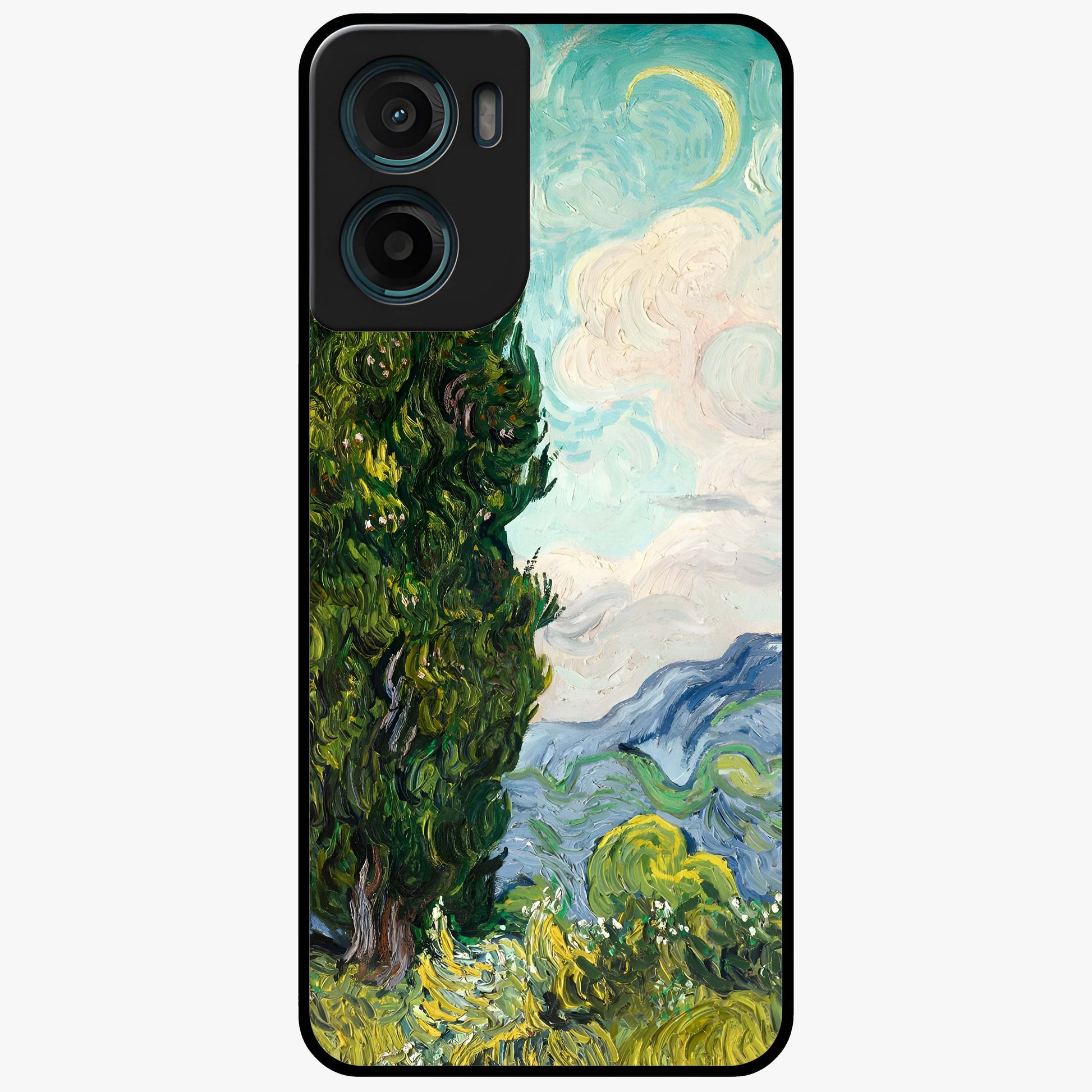 Van Gogh Vintage Art Glass Case showing flat back view with vintage painterly artwork inspired by Van Gogh style and glossy glass finish.