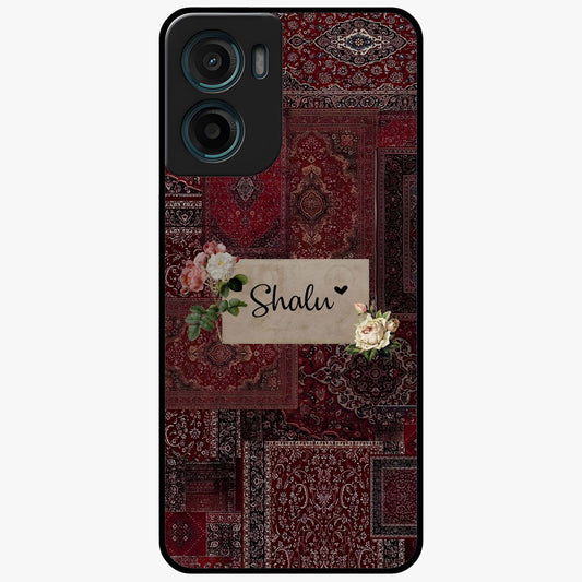 Velvet Wine Pattern Custom Name Glass Case showing flat back view with elegant wine colored pattern artwork and personalized name design.