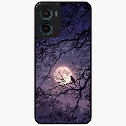 Whispering Moon Silence Glass Case showing flat back view with serene moon themed artwork and glossy glass finish.