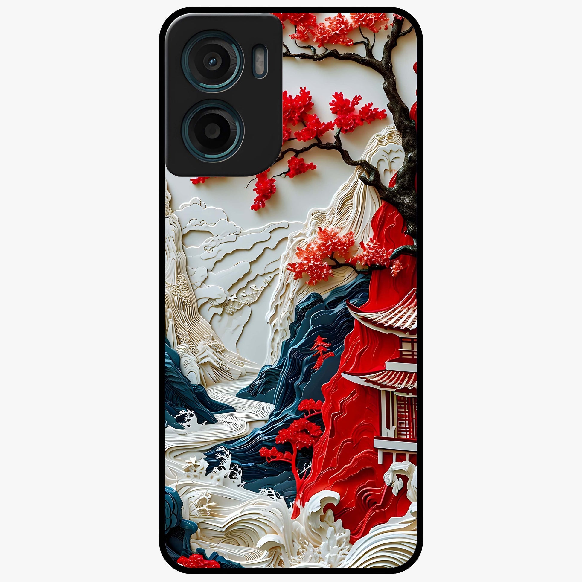 Whispers Of Sakura Waves Glass Case showing flat back view with cherry blossom wave artwork and glossy glass finish.