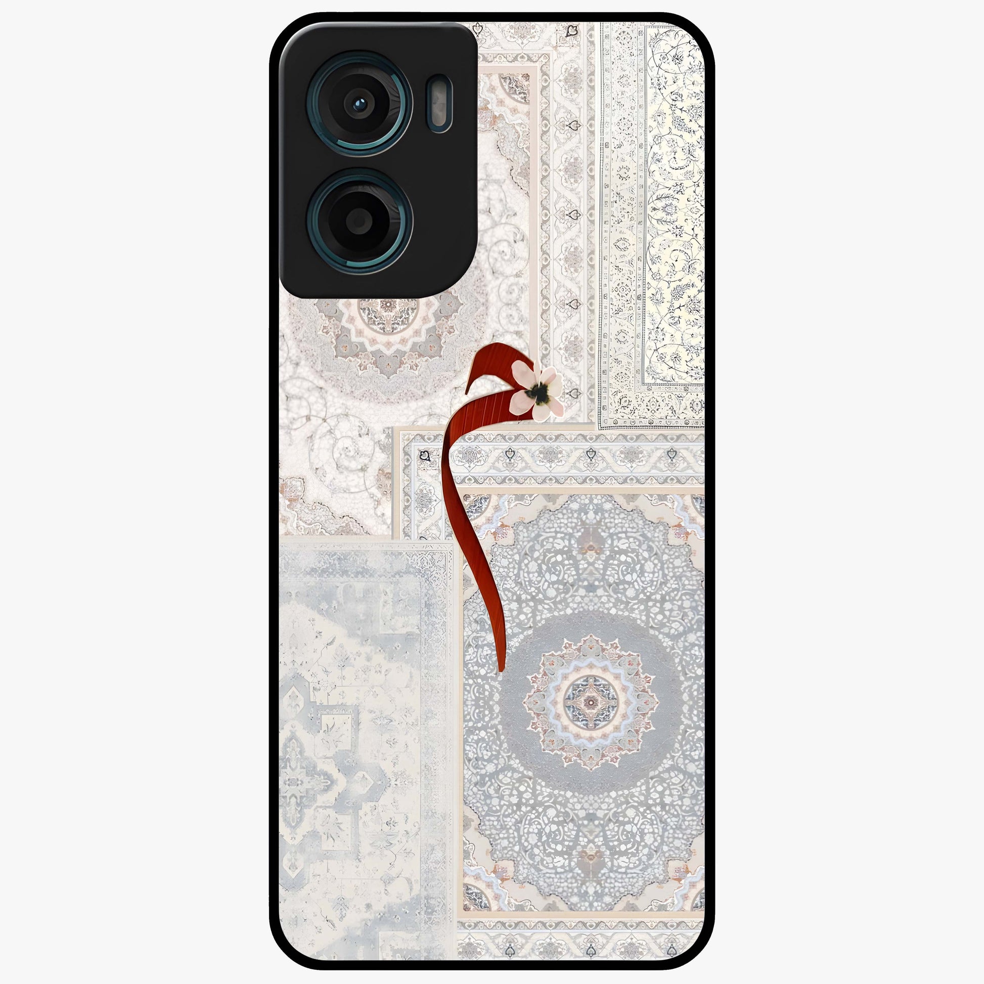 White Aesthetic Bow Glass Case showing flat back view with minimal bow artwork and glossy glass finish.