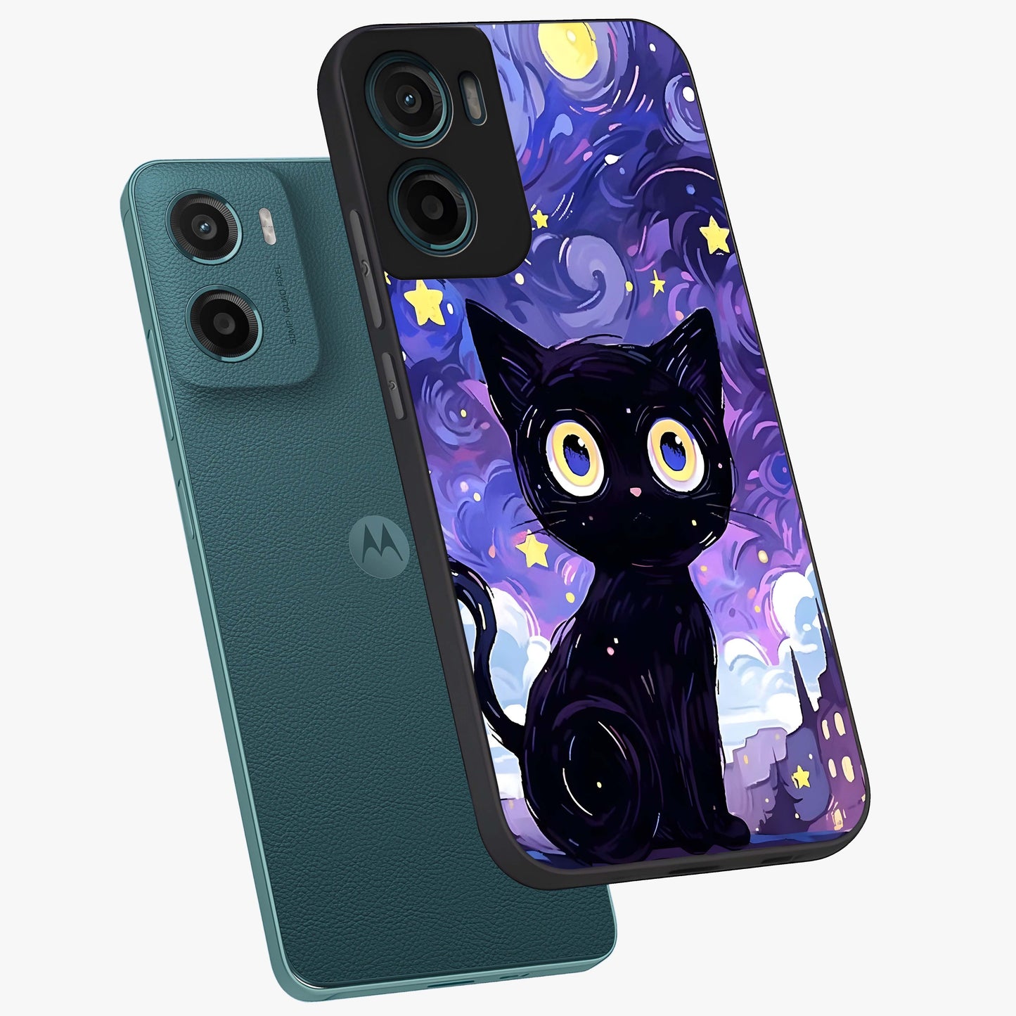 Abstract Cat Art Glass Case displayed in angled mockup highlighting modern abstract cat artwork and sleek glass surface.