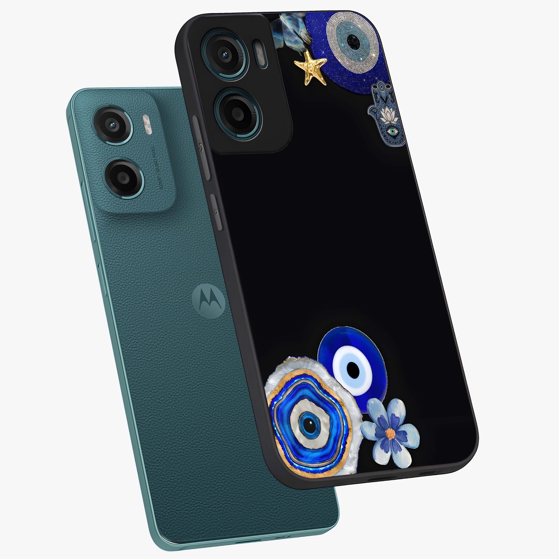 Aesthetic Blue Evil Eye Glass Case displayed in angled mockup highlighting blue evil eye symbol and spiritual aesthetic design.