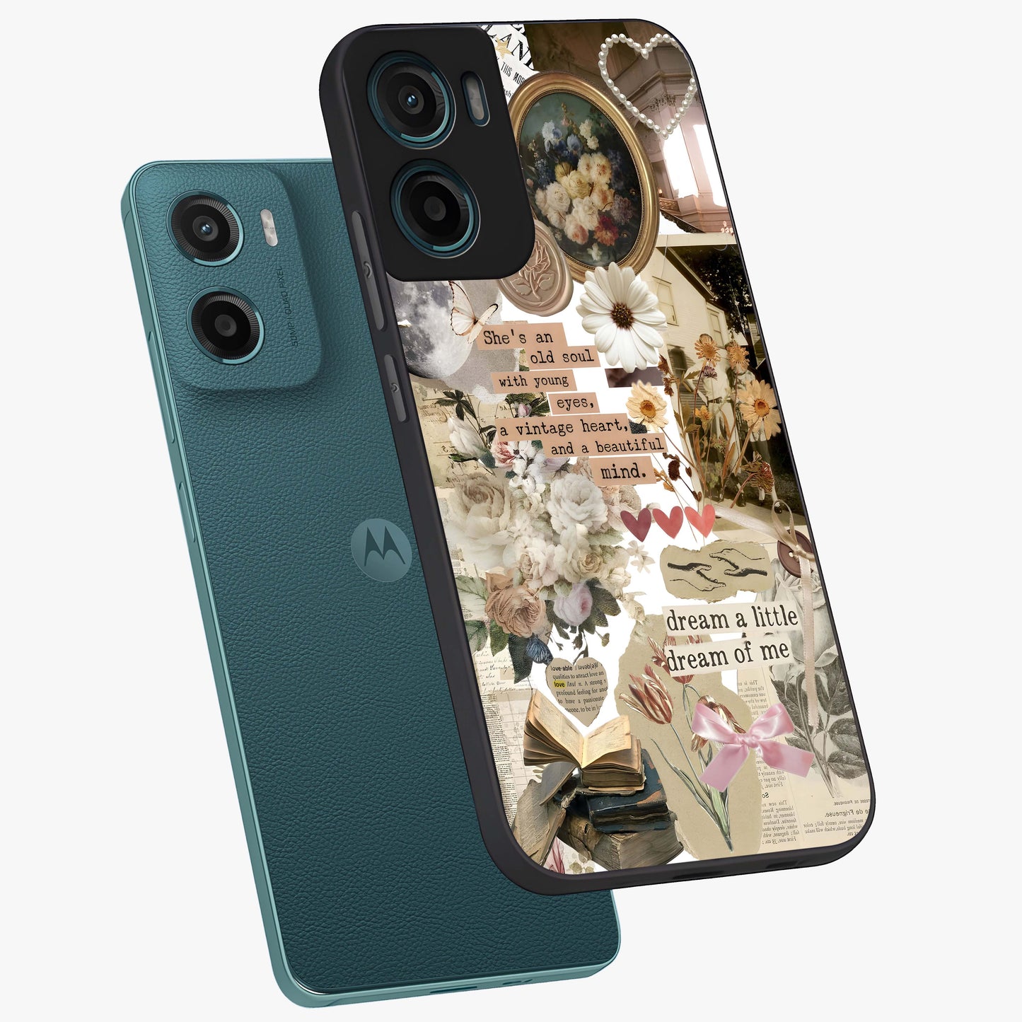Aesthetic Brown Vintage Collage Glass Case displayed in angled mockup highlighting vintage aesthetic collage design.