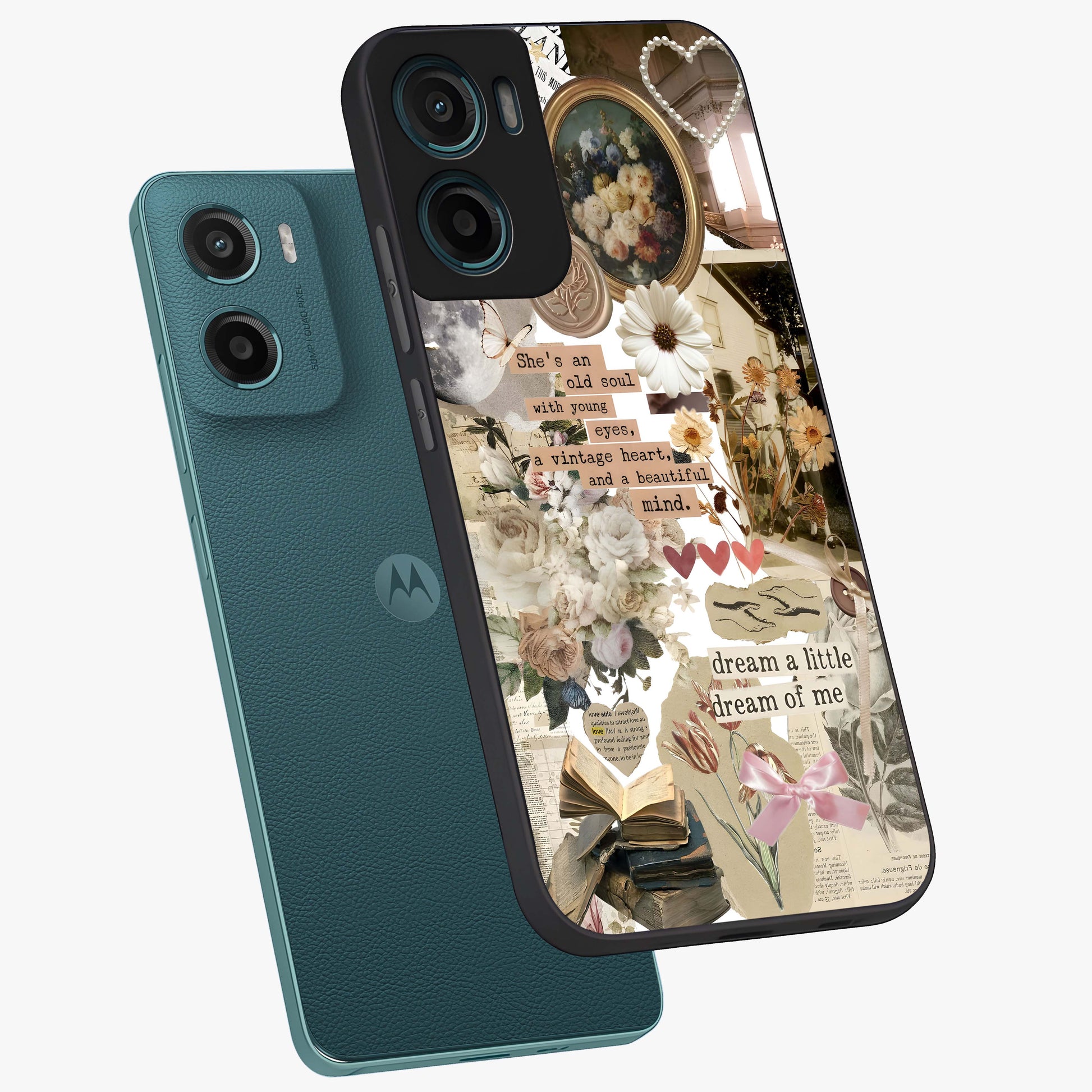 Aesthetic Brown Vintage Collage Glass Case displayed in angled mockup highlighting vintage aesthetic collage design.