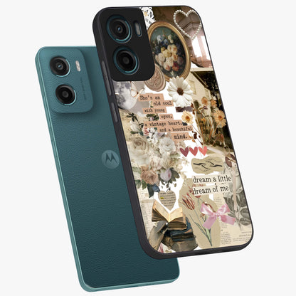 Aesthetic Brown Vintage Collage Glass Case displayed in angled mockup highlighting vintage aesthetic collage design.