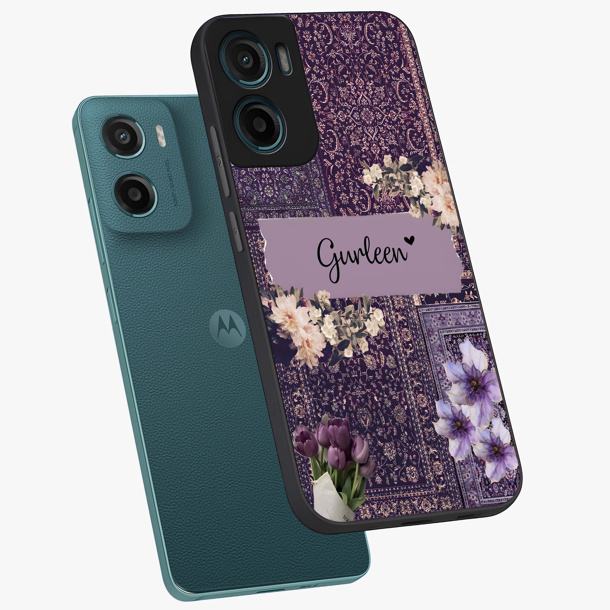 Antique Floral Whisper Custom Name Glass Case displayed in angled mockup highlighting elegant antique floral aesthetic.