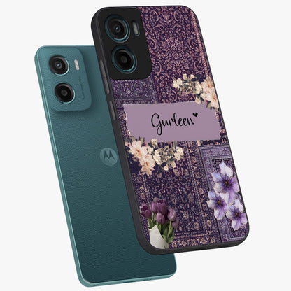 Antique Floral Whisper Custom Name Glass Case displayed in angled mockup highlighting elegant antique floral aesthetic.