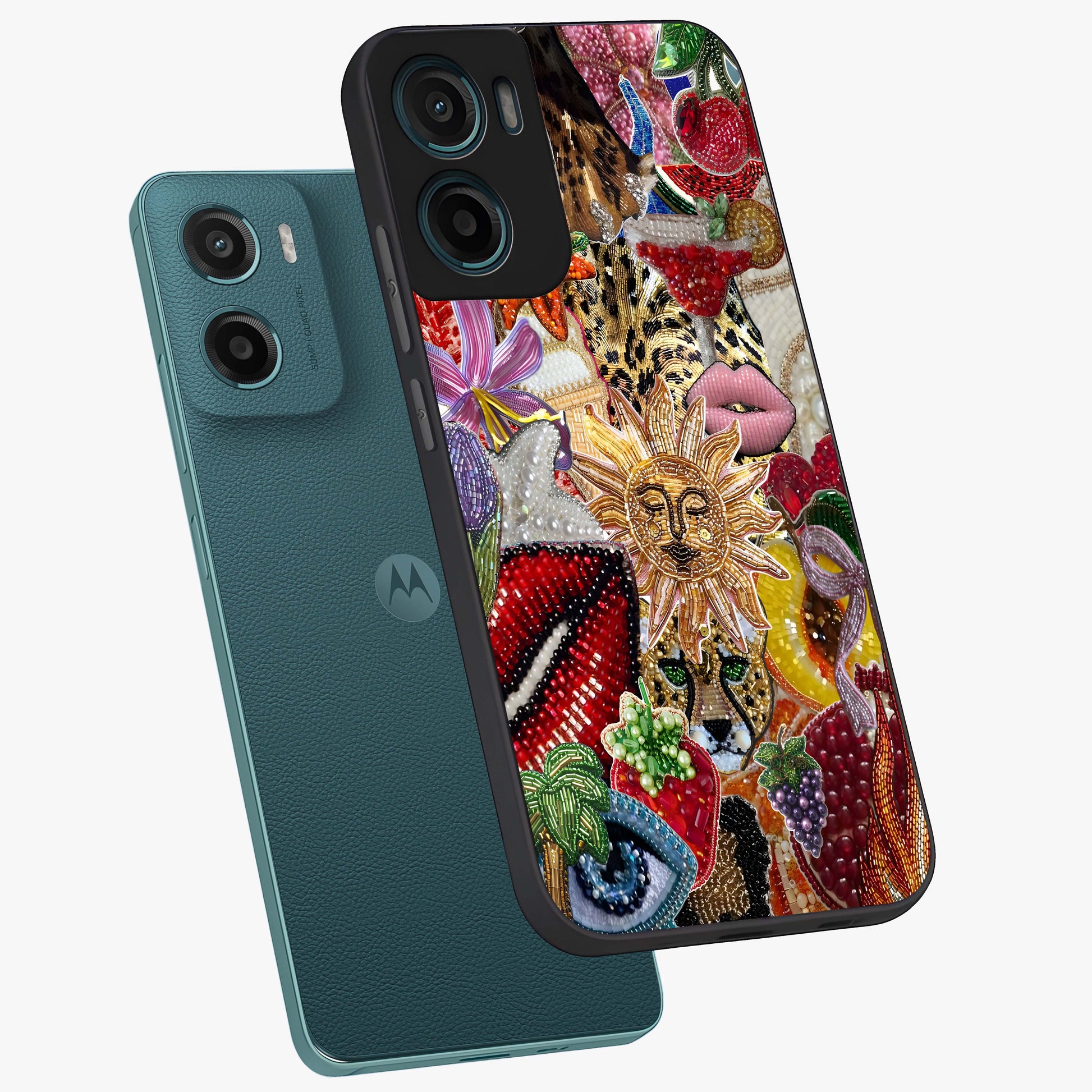 Beaded Fashion Jungle Glass Case displayed in angled mockup highlighting colorful fashion bead design and artistic pattern.