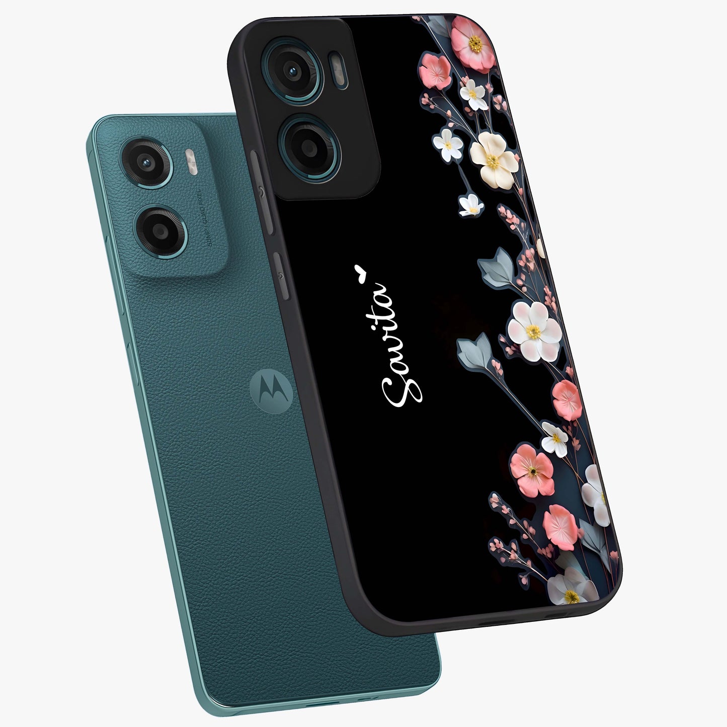 Black Elegance Floral Custom Name Glass Case displayed in angled mockup highlighting dark floral aesthetic and custom name feature.
