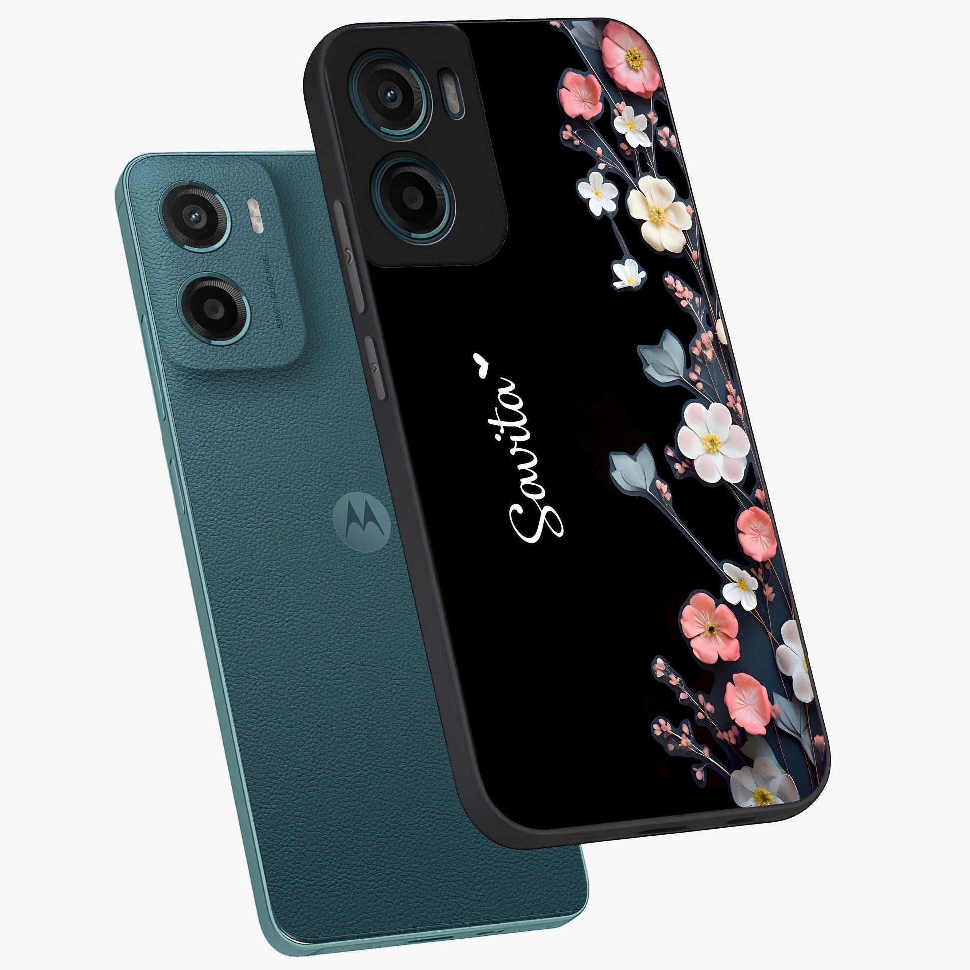 Black Elegance Floral Custom Name Glass Case displayed in angled mockup highlighting dark floral aesthetic and custom name feature.