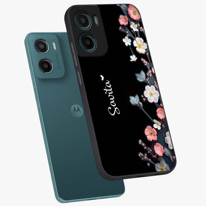 Black Elegance Floral Custom Name Glass Case displayed in angled mockup highlighting dark floral aesthetic and custom name feature.