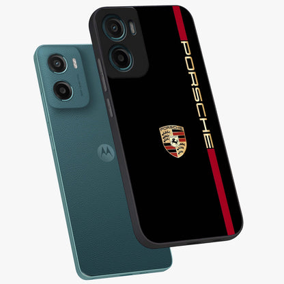 Black Minimal Porsche Glass Case displayed in angled mockup highlighting modern minimal car illustration and clean aesthetic design.