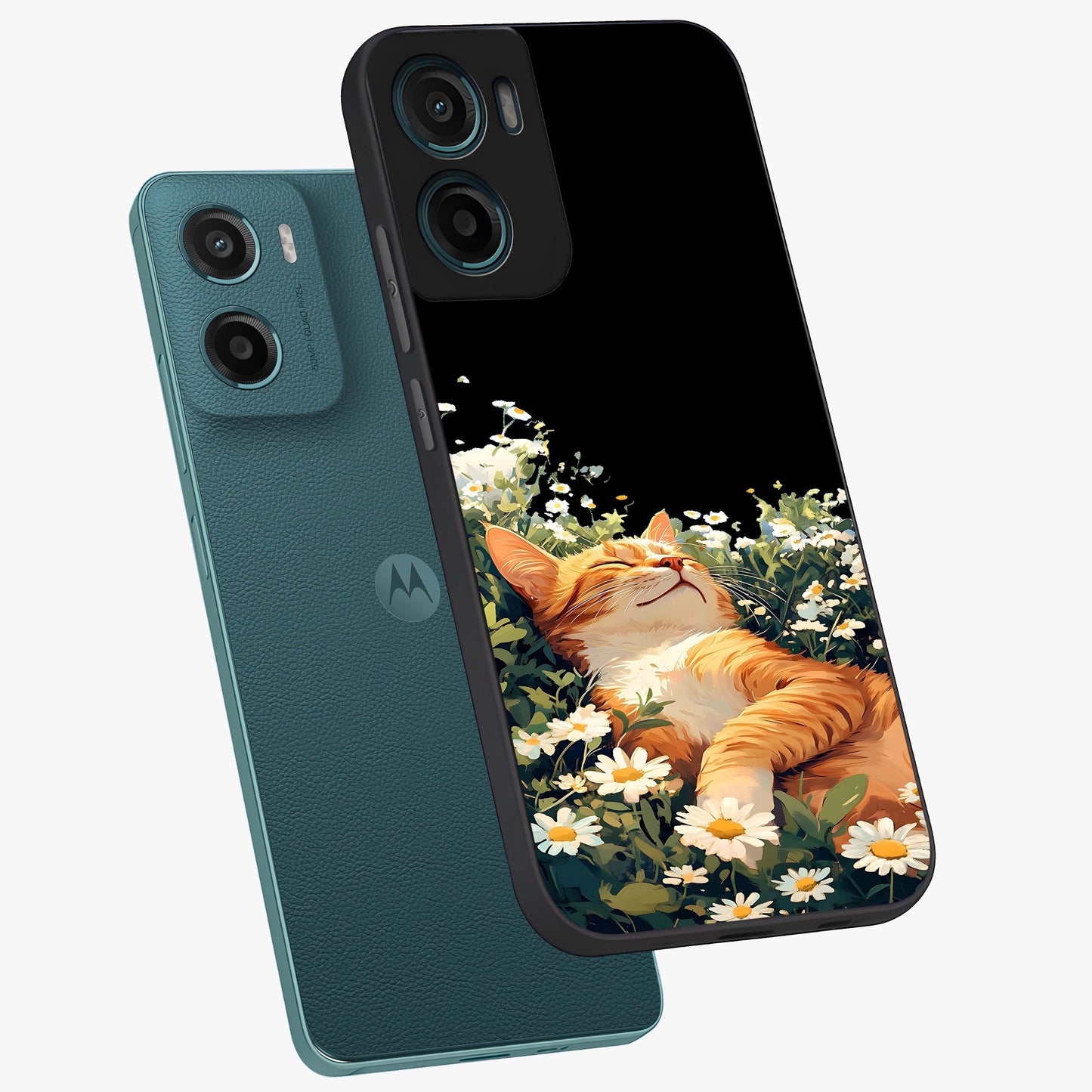 Blissful Bloom Cat Glass Case displayed in angled mockup highlighting playful feline illustration with soft floral aesthetic.