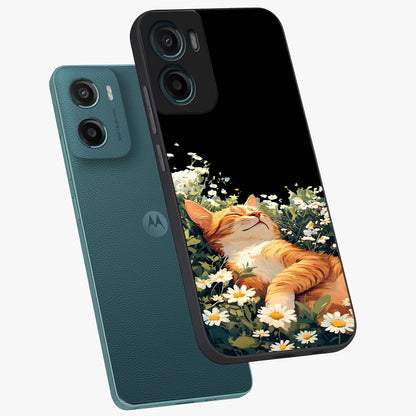 Blissful Bloom Cat Glass Case displayed in angled mockup highlighting playful feline illustration with soft floral aesthetic.
