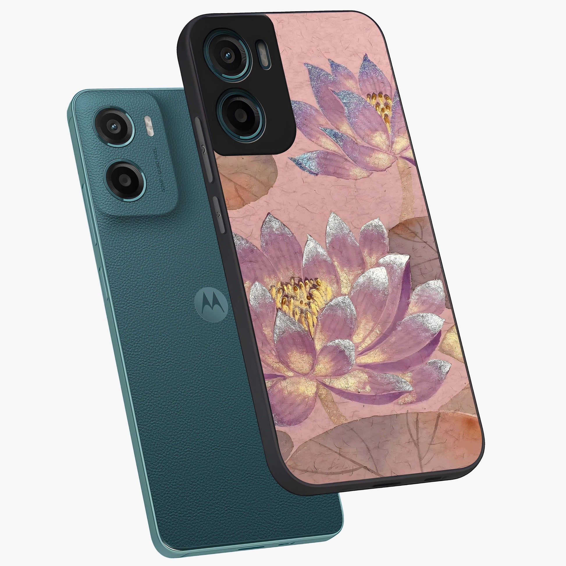 Blossom Mist Lotus Glass Case displayed in angled mockup highlighting delicate lotus illustration with calm aesthetic theme.