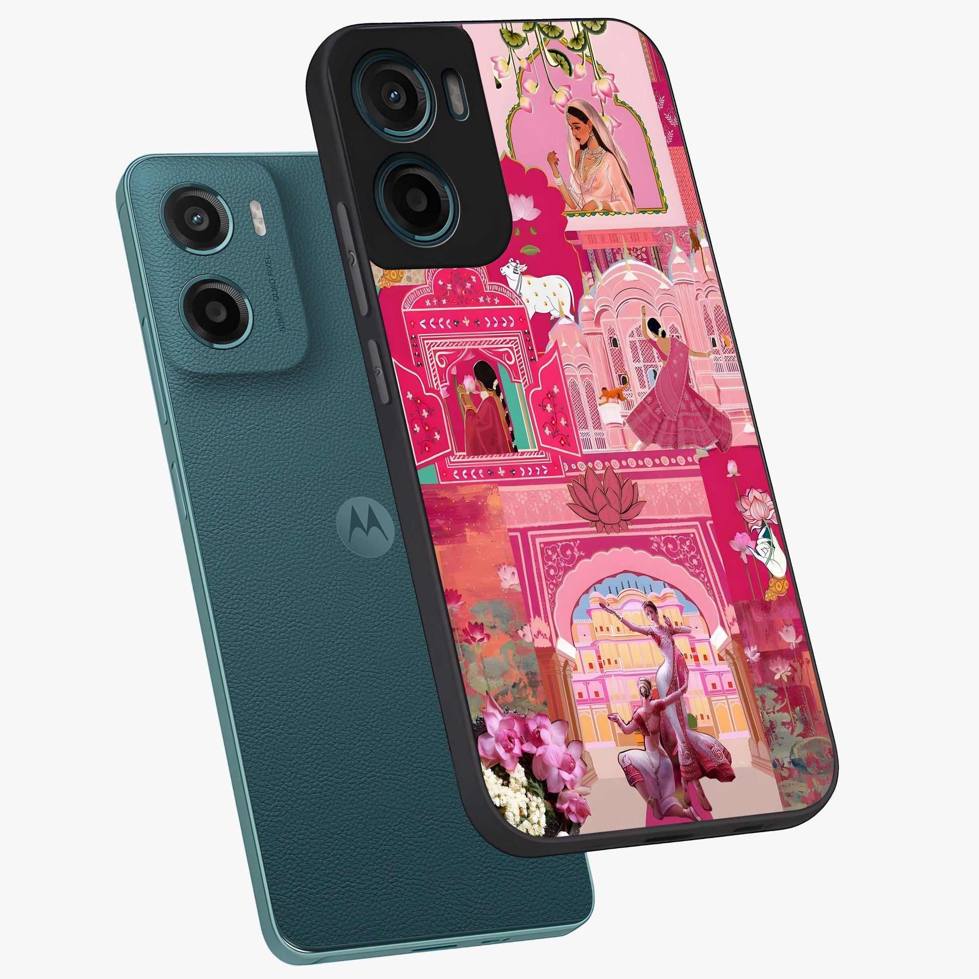 Blossoms of Rajasthan Glass Case displayed in angled mockup highlighting vibrant floral pattern with cultural aesthetic style.