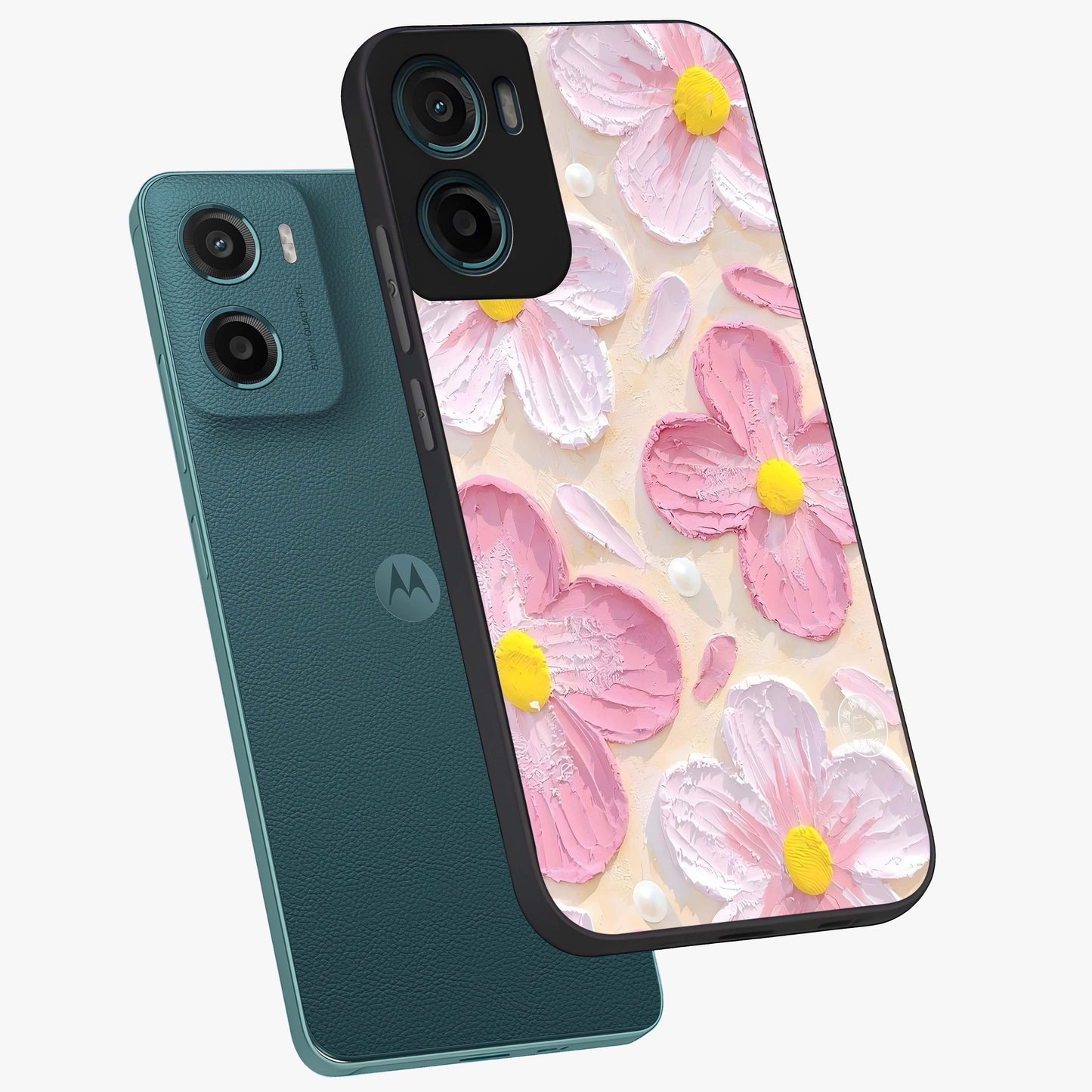 Blush Bloom Texture Glass Case displayed in angled mockup highlighting subtle bloom pattern with aesthetic pastel design.
