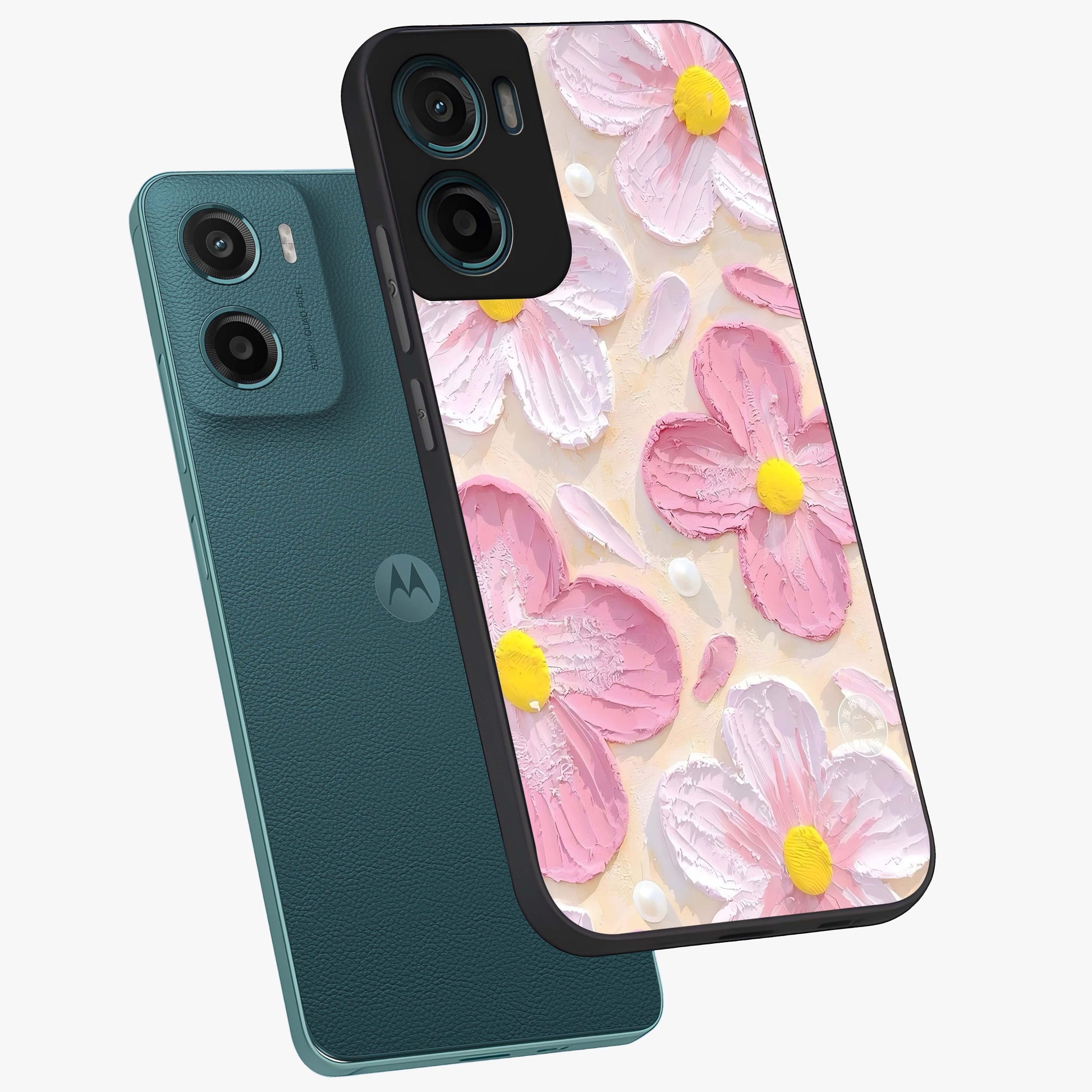 Blush Bloom Texture Glass Case displayed in angled mockup highlighting subtle bloom pattern with aesthetic pastel design.