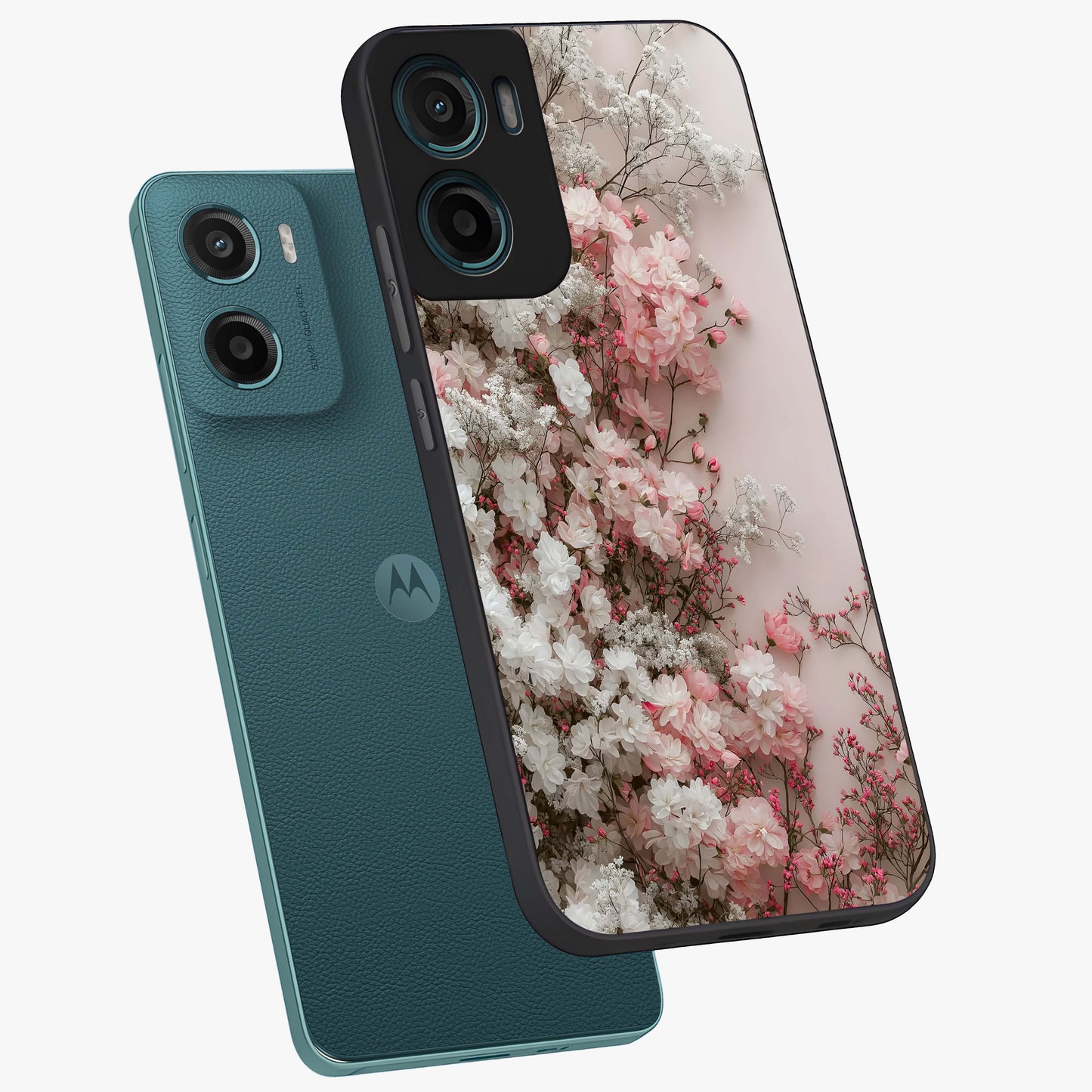 Blush Blossom Cloud Glass Case displayed in angled mockup highlighting soft cloud and blossom design with pastel aesthetic.
