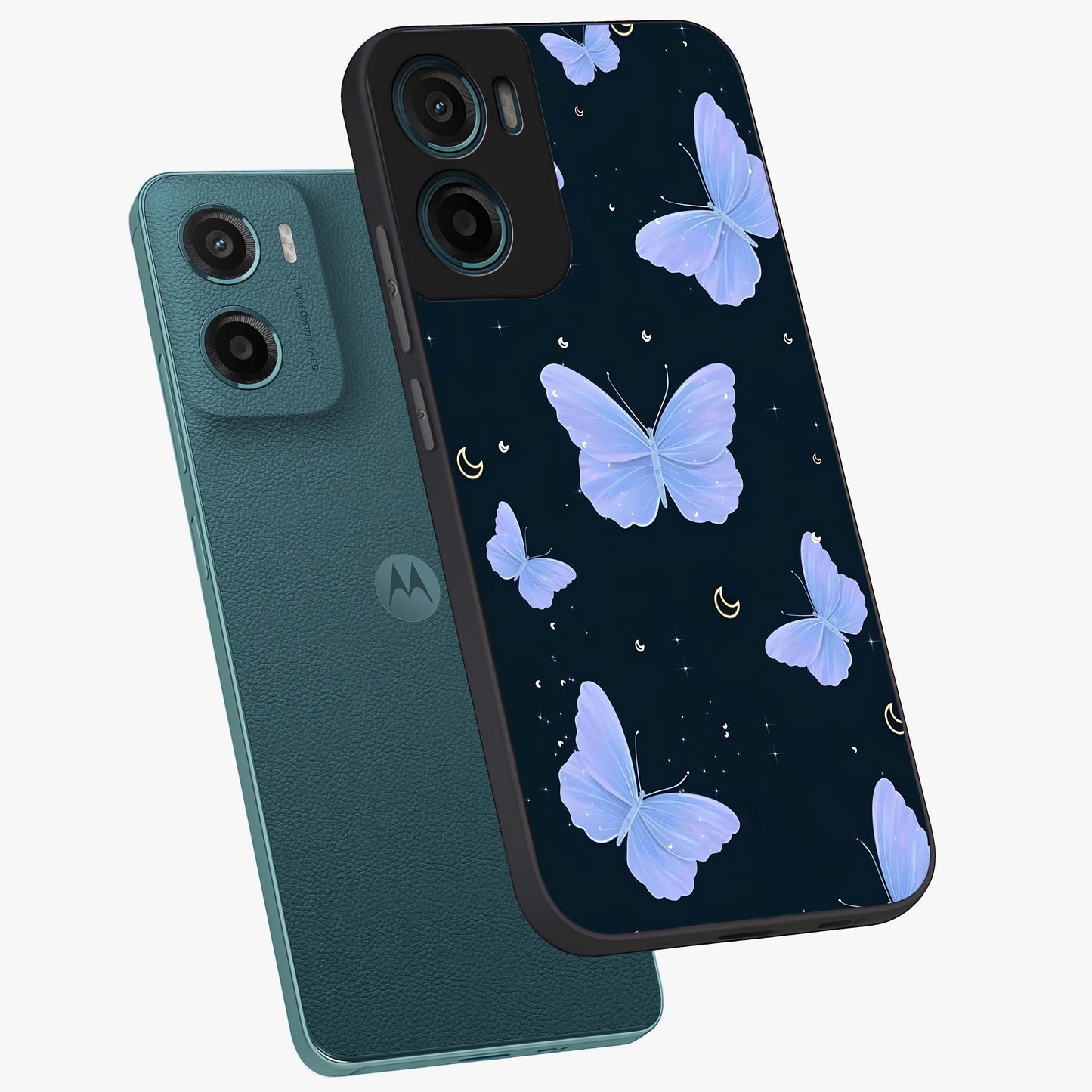 Butterfly With Stars Pattern Glass Case displayed in angled mockup highlighting dreamy butterfly and star design with aesthetic theme.