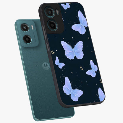 Butterfly With Stars Pattern Glass Case displayed in angled mockup highlighting dreamy butterfly and star design with aesthetic theme.