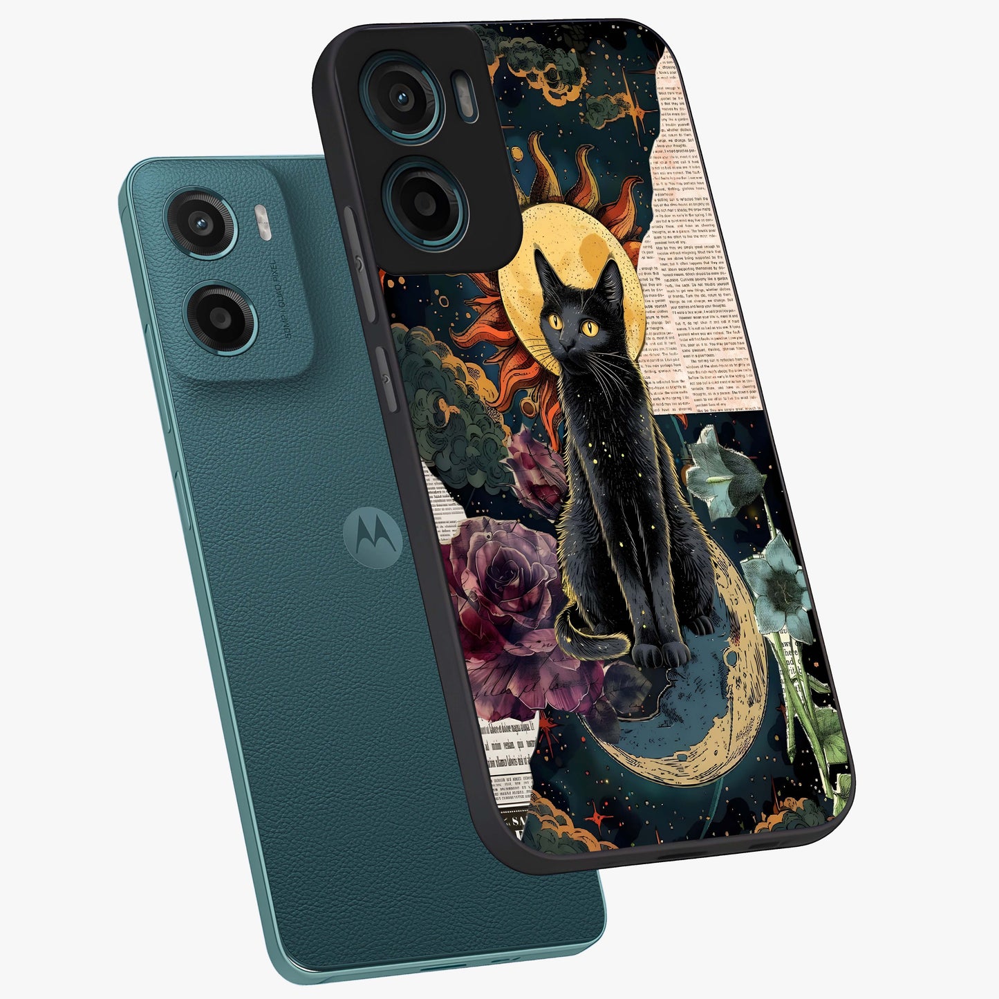 Celestial Black Cat Glass Case displayed in angled mockup highlighting cosmic black cat design with celestial aesthetic.