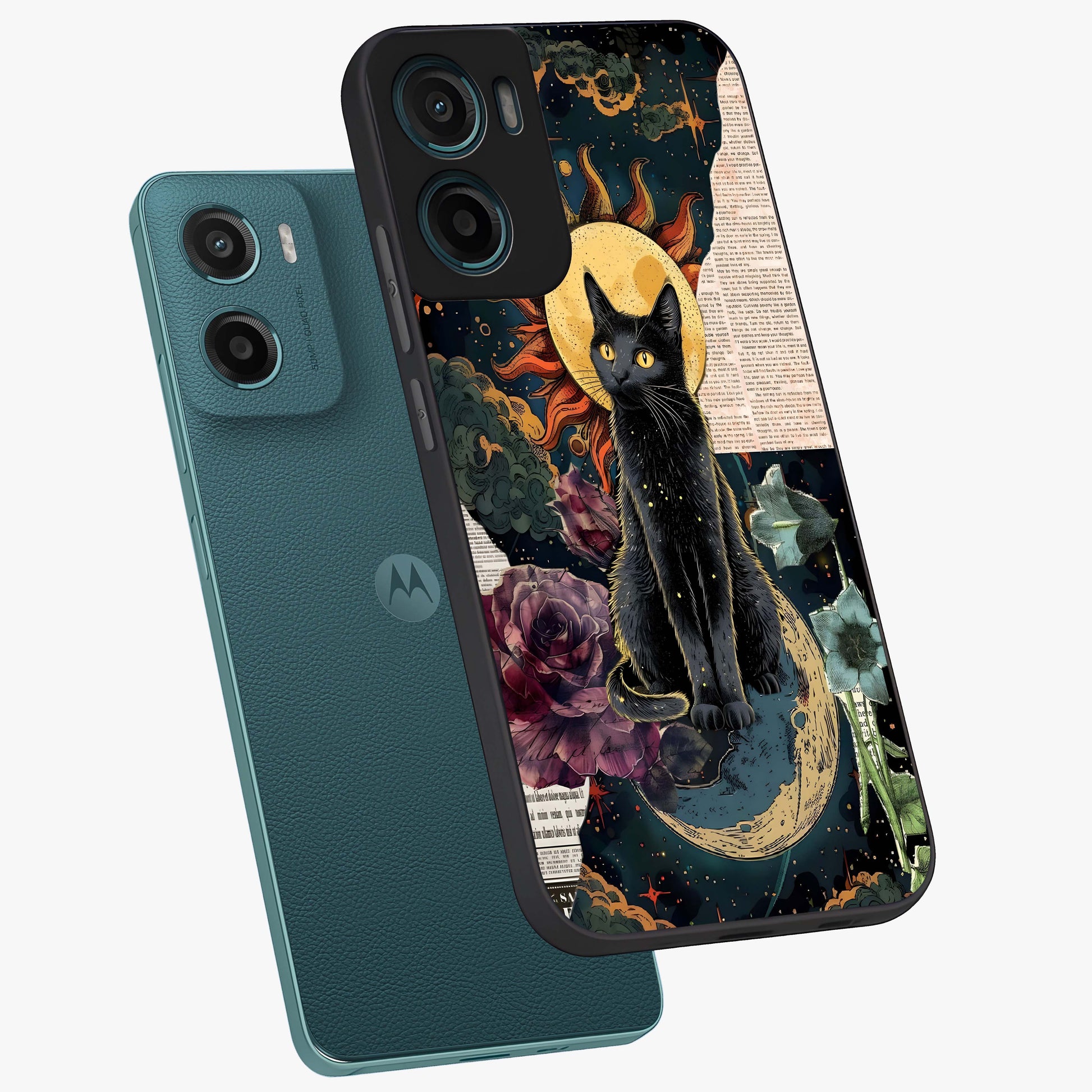 Celestial Black Cat Glass Case displayed in angled mockup highlighting cosmic black cat design with celestial aesthetic.