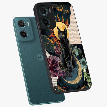 Celestial Black Cat Glass Case displayed in angled mockup highlighting cosmic black cat design with celestial aesthetic.