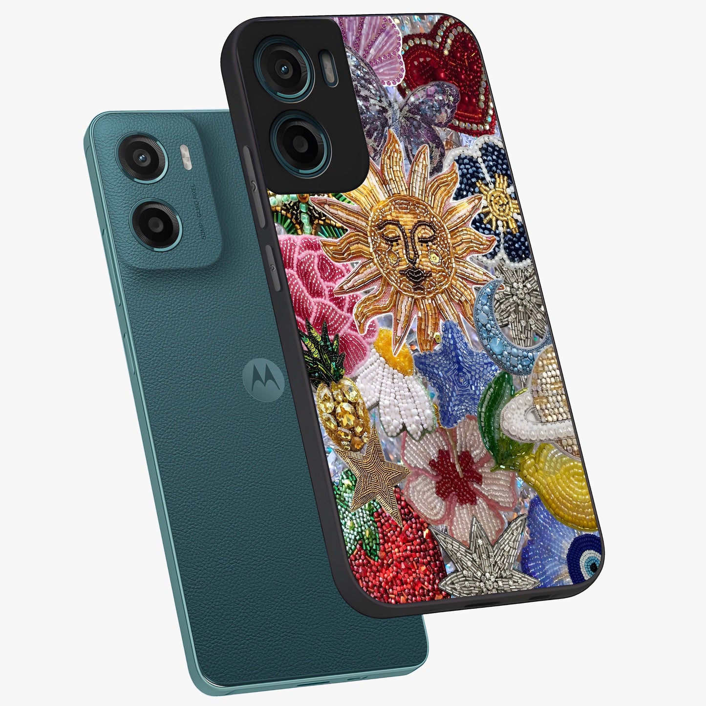 Celestial Floral and Playful Glass Case displayed in angled mockup highlighting playful floral design with dreamy celestial elements.