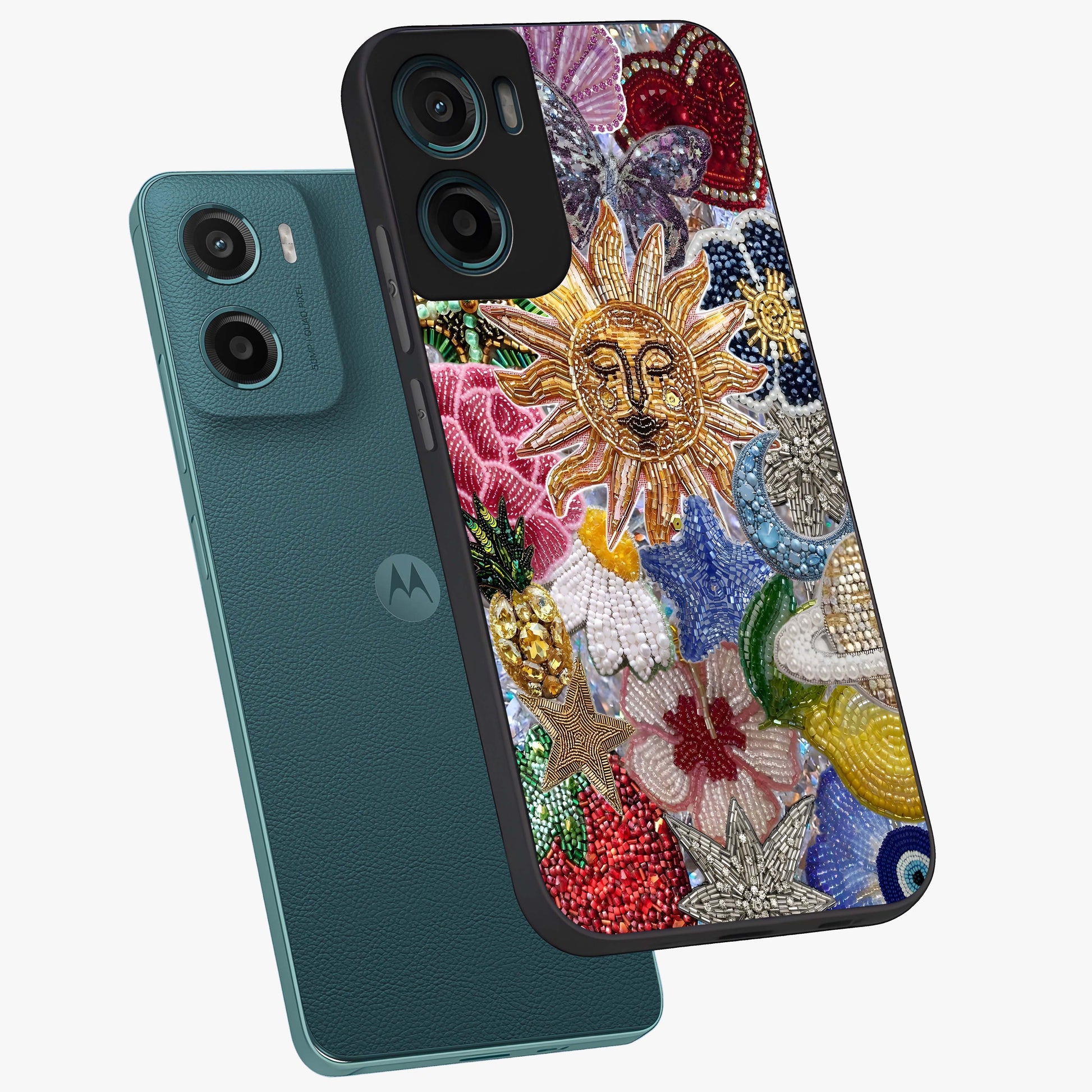 Celestial Floral and Playful Glass Case displayed in angled mockup highlighting playful floral design with dreamy celestial elements.